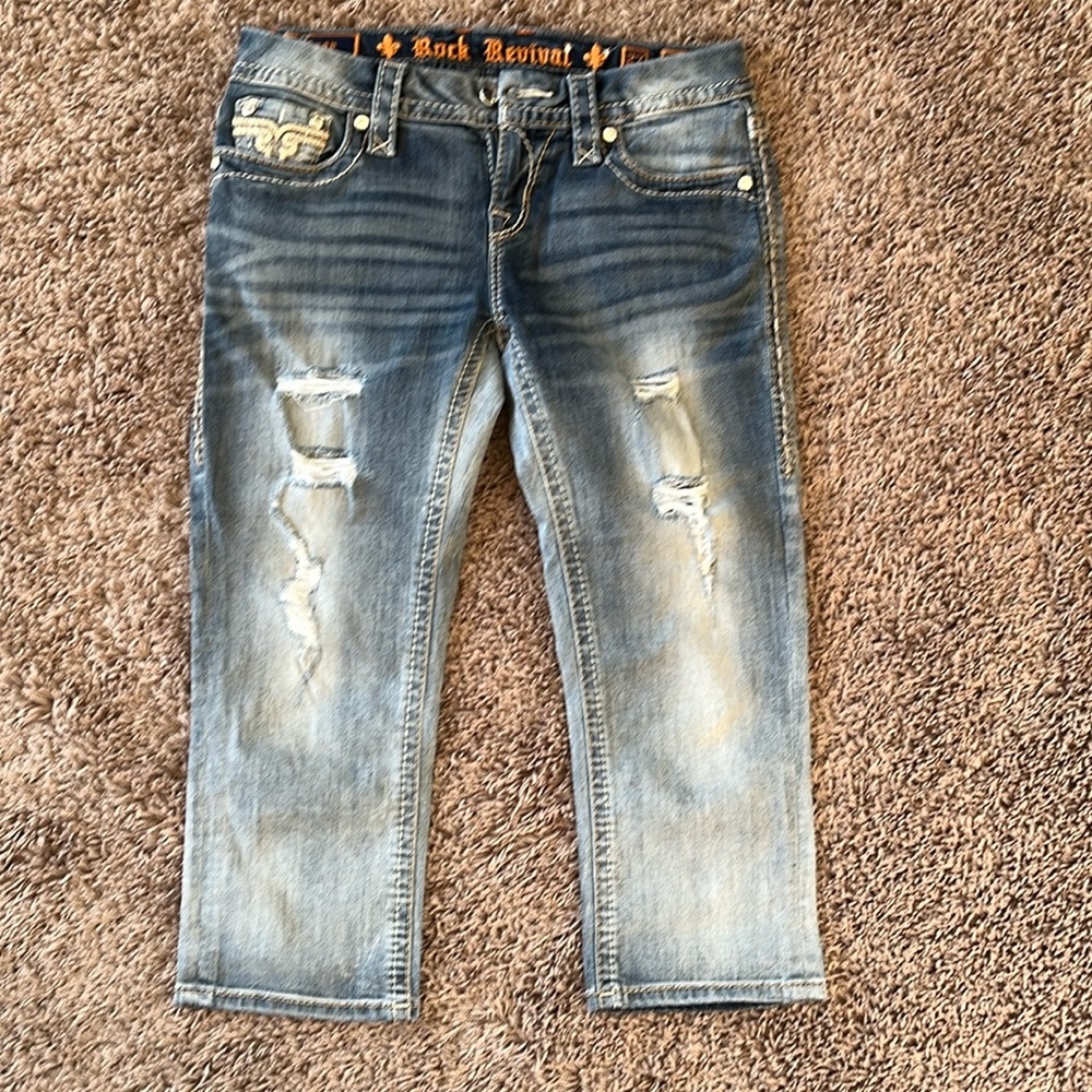 Rock Revival Distressed Blue Denim Crop Jeans